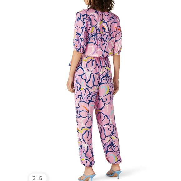 Tanya Taylor Pink Floral Print Wrap Jumpsuit Cropped Sleeve Tie Waist Size 6 - Picture 2 of 14